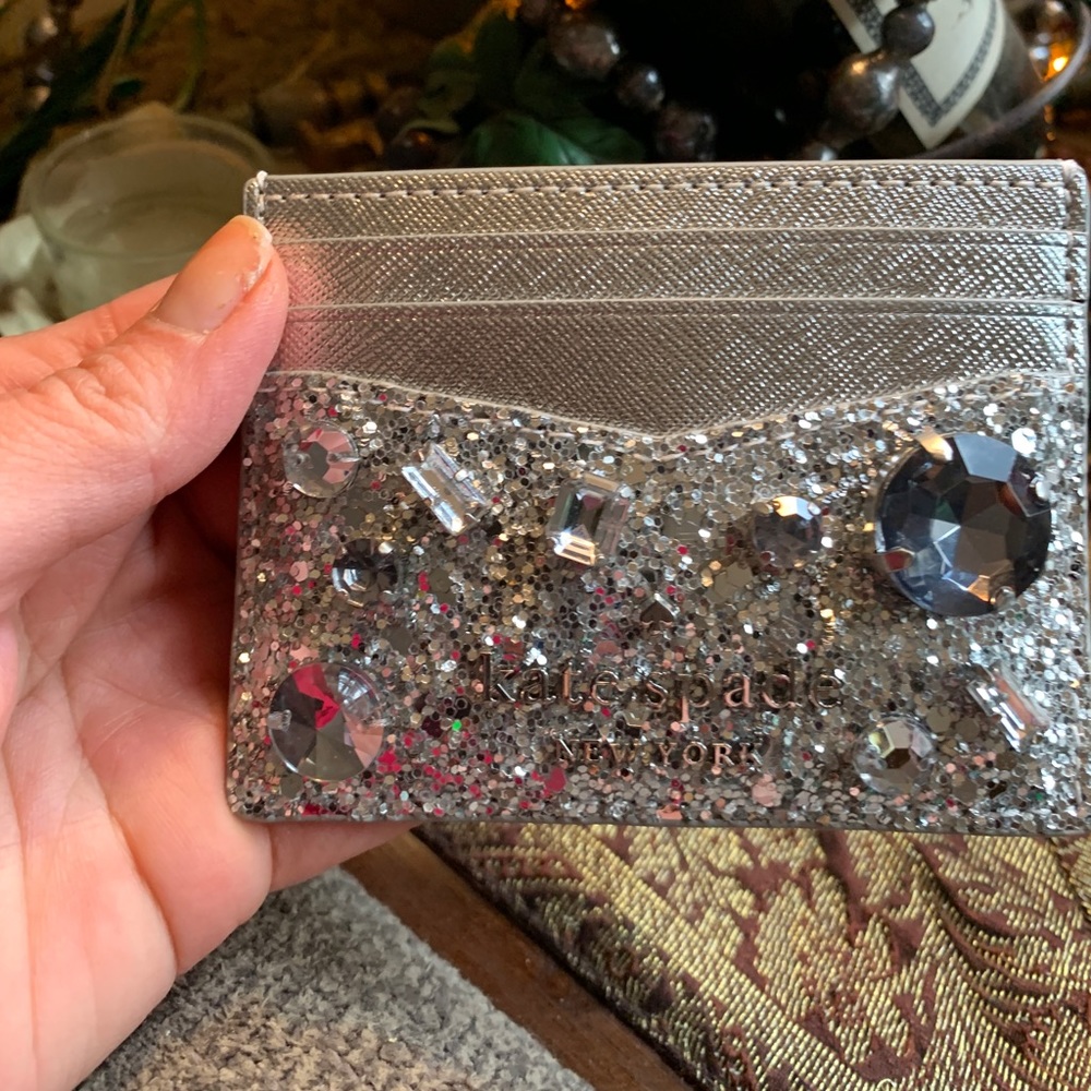 Authentic KATE SPADE Metallic leather/glitter fabric crystals card case - Picture 10 of 11